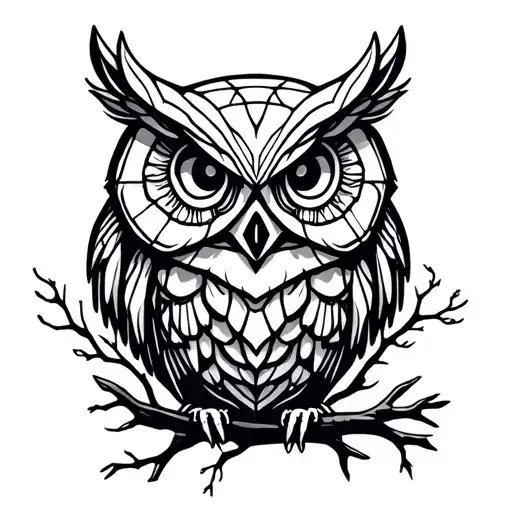 skull and owl perched on a branch tattoo design idea