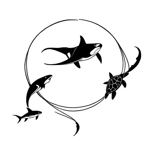 a manta ray, a sea turtle, an orca, and a shark swimming in a circle tattoo design idea