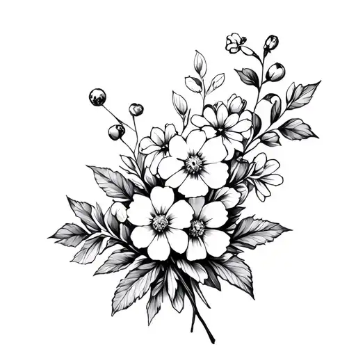 bouquet with Hawthorn, honeysuckle and cosmos  tattoo design idea