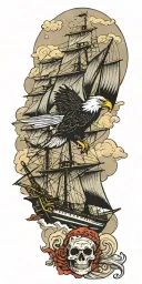 clipper ship, eagle soaring eagle, cloud, skull wearing bandana, dots tattoo design idea
