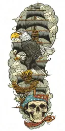clipper ship, eagle soaring eagle, cloud, skull wearing bandana, dots tattoo design idea