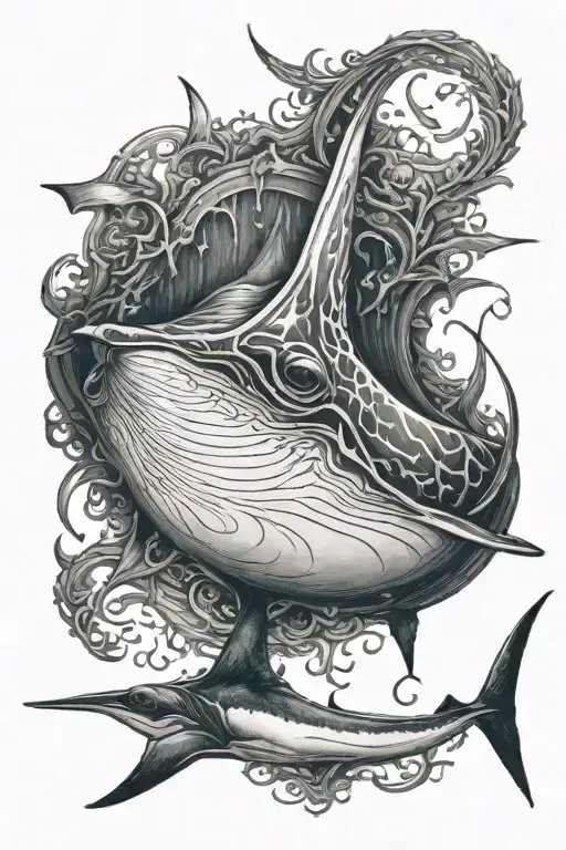 manta ray, sunken boat, underwater world tattoo design idea