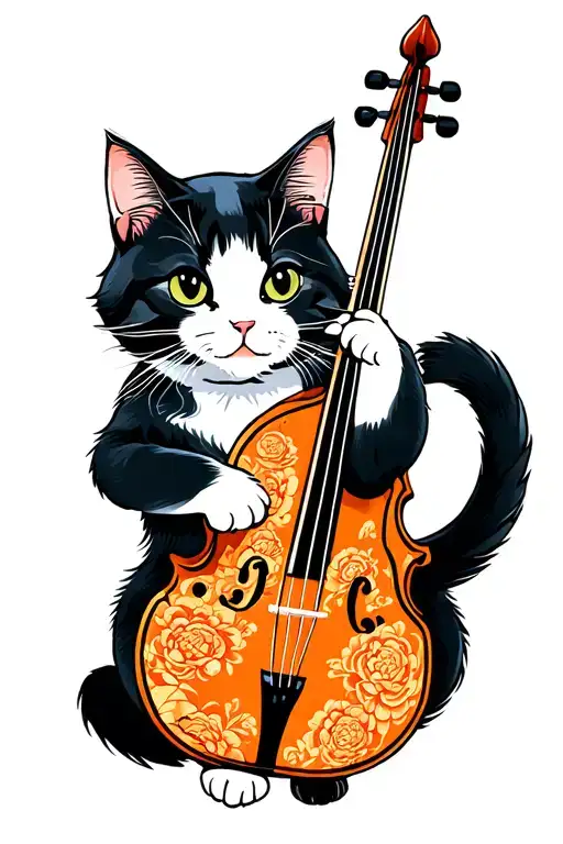 Cat playing a uprightbass in japanese tatoo style tattoo design idea