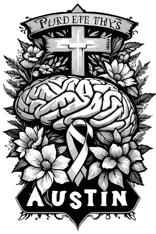 memorial that has the name Austin, and has a brain, flowers, a cross, and a cancer ribbon  tattoo design idea