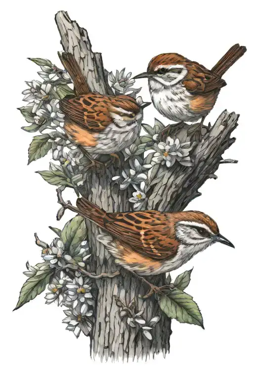 wrens on branch  tattoo design idea