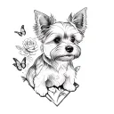 A sketch style tattoo of a yorkie dog sitting on a mountain peak surrounded by roses and butterflies tattoo design idea