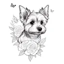 A sketch style tattoo of a yorkie dog sitting on a mountain peak surrounded by roses and butterflies tattoo design idea