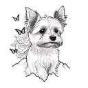 A sketch style tattoo of a yorkie dog sitting on a mountain peak surrounded by roses and butterflies tattoo design idea