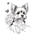 A sketch style tattoo of a yorkie dog sitting on a mountain peak surrounded by roses and butterflies tattoo design idea