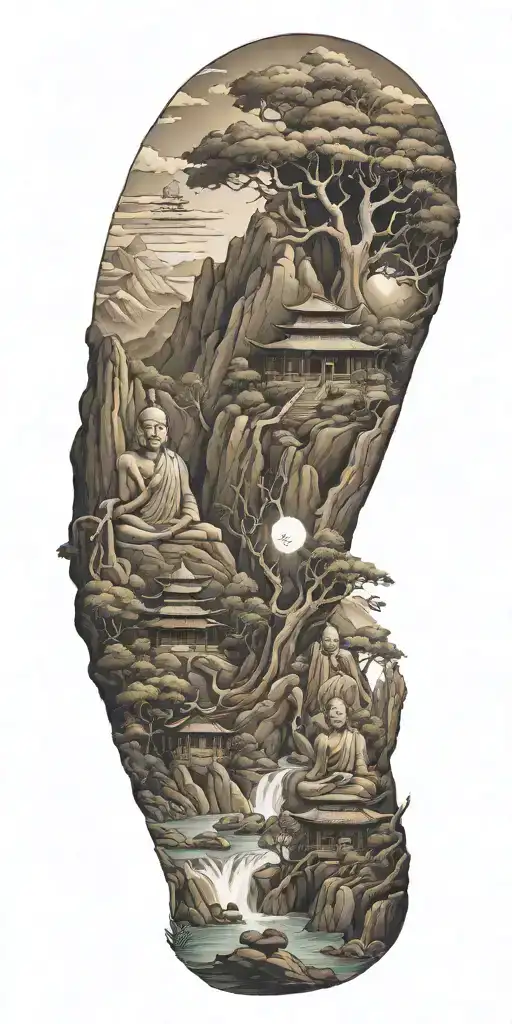 spiritual buddhist tattoo featuring a traditional scenary and nature including spiritual elements tattoo design idea