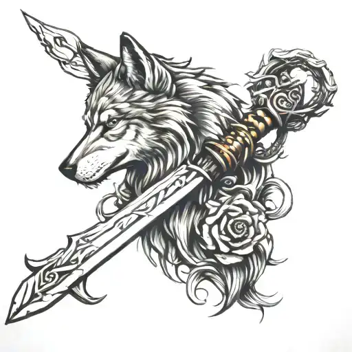 wolf with a sword beside it. with a snake tattoo design idea
