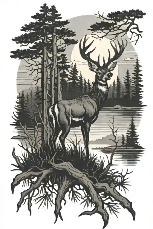sunset in forest with 12 point buck standing with wood duck flying out of antlers  tattoo design idea