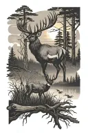 sunset in forest with 12 point buck standing with wood duck flying out of antlers  tattoo design idea