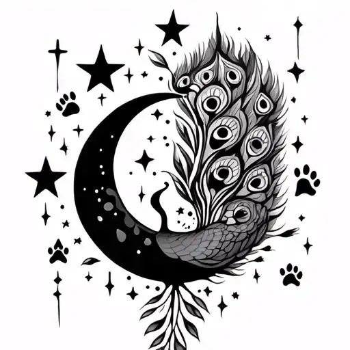 moon and stars, peacock, paw prints, scorpio star sign, virgo star sign tattoo design idea