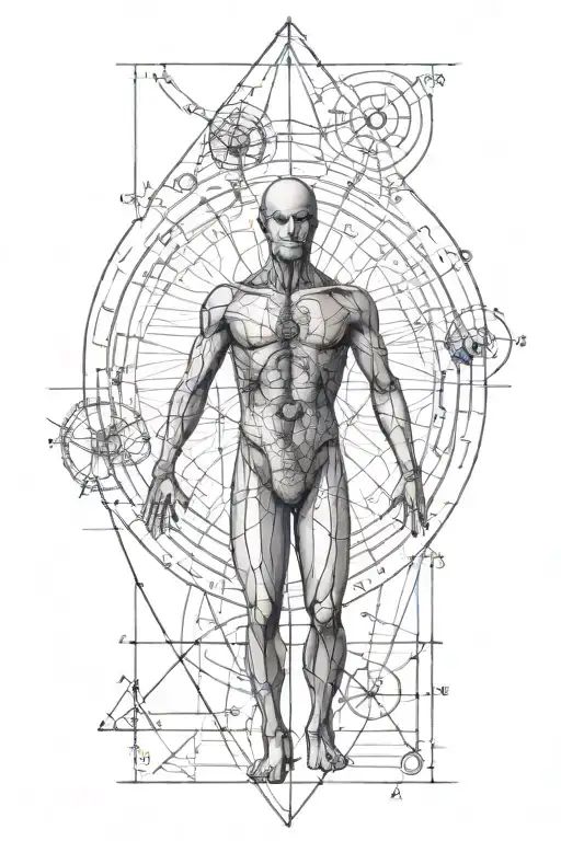 vitruvian man with geometry, alchemy symbols and dna tattoo design idea