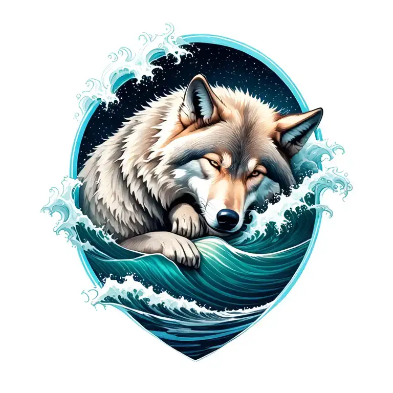 wolf curled and sleeping while waves forming and crashing with stars  tattoo design idea