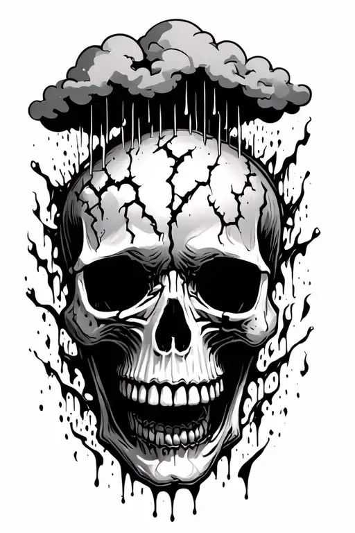 I’d like a horror type of tattoo of a skull with no bottom jaw and a broken and cracked open top with a rain cloud above tattoo design idea