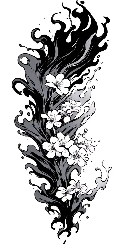 Japanese manga with fluid fire, wind -type smoke and cherry flower background tattoo design idea