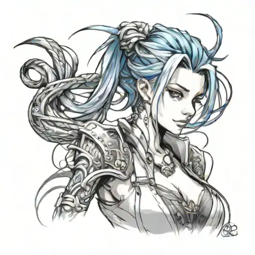 1girl, against_wall, arm_tattoo, blue_eyes, blue_hair, braid, breasts, facial_tattoo, jinx_\(league_of_legends\), long_h tattoo design idea
