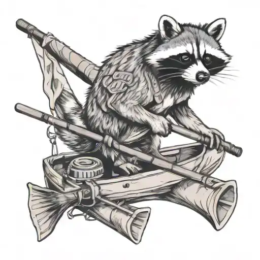 raccoon with pontoon boat fishing rod casting with memorial tattoo design idea