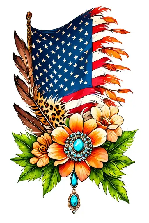 american flag and brown feathers, american flag, green leaves, one brooch turquoise jewelry, flowers, cheetah print  tattoo design idea