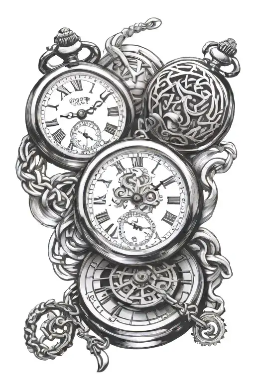 3 pocket watches intertwined tattoo design idea