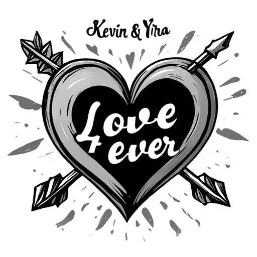 "Kevin & Yira Love 4 ever" heart with bowing arrow piercing tattoo design idea