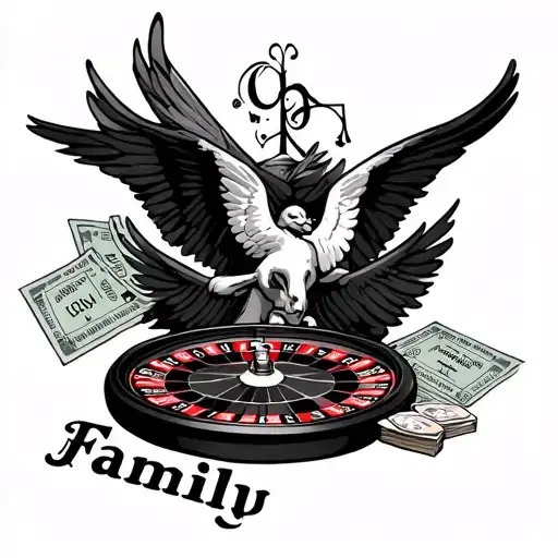 Name Lucia and a roulette and tickets and some anegles and the word family tattoo design idea