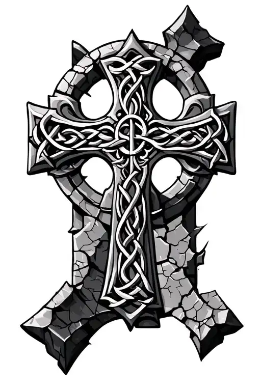 detailed cracked stone  Celtic cross neo traditional realism tattoo design idea