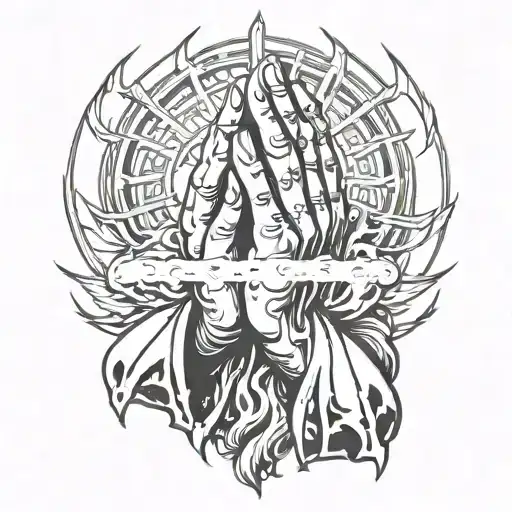 praying hands with fire and light rays coming tattoo design idea