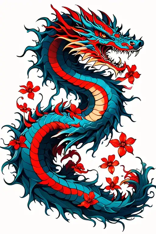 blue and red dragon ripping through thick thorny vines with tiny red flowers blooming throughout tattoo design idea