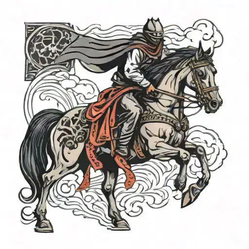 Pale cloaked rider on undead black horse tattoo design idea