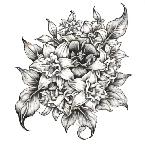 bouquet of daffodils, pansy's and water lily flowers tattoo design idea