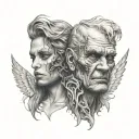 Two faces are meant to show the evil and the good, half demonic & half angel tattoo design idea