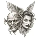 Two faces are meant to show the evil and the good, half demonic & half angel tattoo design idea