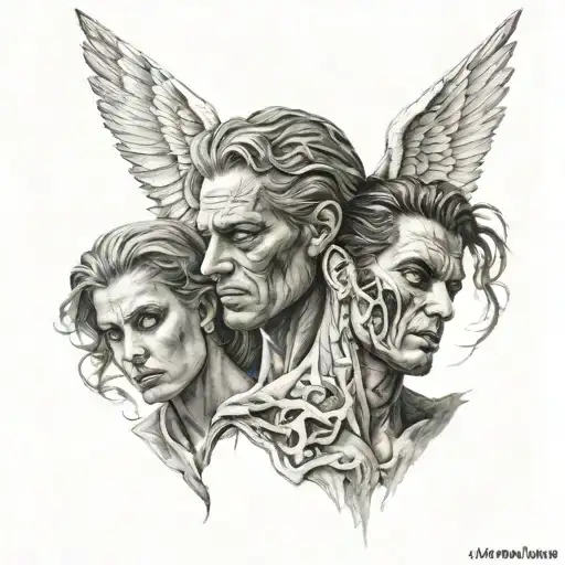 Two faces are meant to show the evil and the good, half demonic & half angel tattoo design idea