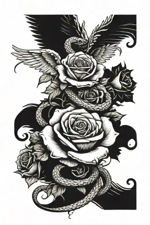 roses and snake and angel falling Icarus half sleeve tattoo design idea