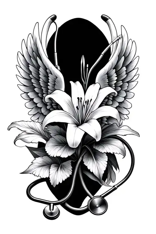 tiger lily intertwined with angel wings stethoscope  tattoo design idea