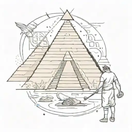 A sketch style tattoo of an Egyptian pyramid with a paddle and pasta inside, with a lab technician examining the scene, and subtle ADHD symbols hidden within the details tattoo design idea