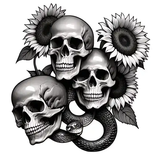 3 skulls and sunflowers with a snake coming out of the skulls tattoo design idea