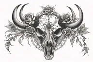 front facing Steer Skull with barbed wire wrapped around horns with flowers inside the barbed wire tattoo design idea