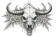 front facing Steer Skull with barbed wire wrapped around horns with flowers inside the barbed wire tattoo design idea