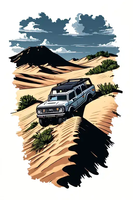 Ford Bronco, sand dunes background, cartoon style tattoo design idea