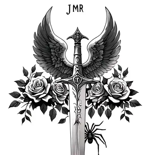 st archangel Michael sword trhu roses growing with a spider on the side with JMR writing  tattoo design idea