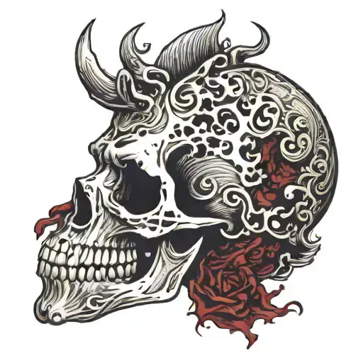 Broken Skull no jaw covered in blood with broken teeth leaking blood. Satanism  tattoo design idea