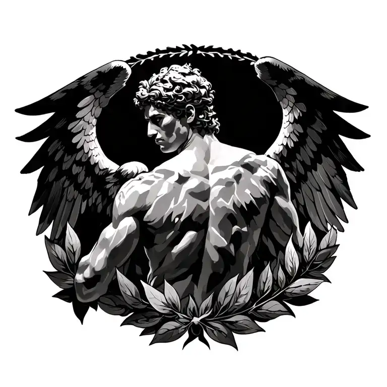 Winged male figure for back with laurel wreath tattoo design idea