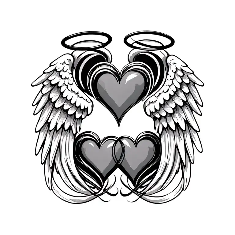outline of 2 intertwined swirling hearts with angel wings and halos tattoo design idea