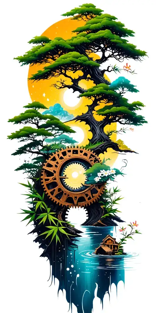 Japanese landscape of trees,water,bamboo,blossoms, and wood mechanical gears integrated with abstract universe  tattoo design idea