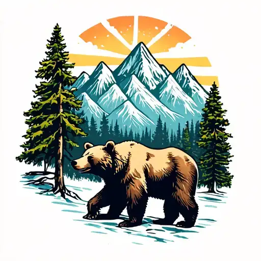 trees, bear, and mountains tattoo design idea
