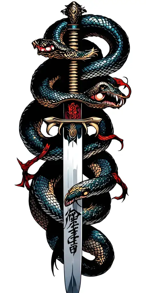 samurai sword with snake wrapped tattoo design idea